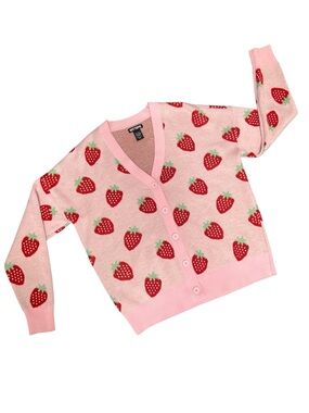 Hot Topic Pink Strawberry Pattern V-Neck Cardigan Size M